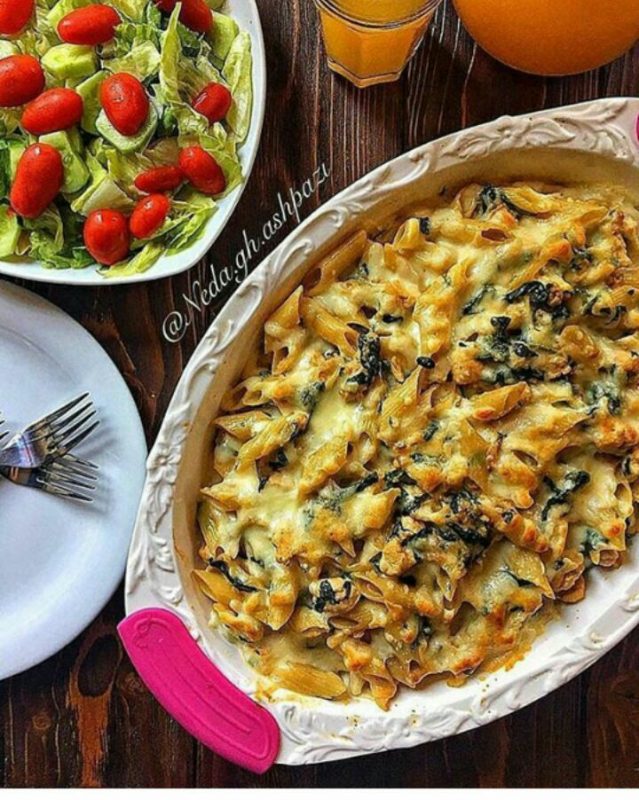 پاستا پنه مرغ با اسفناج